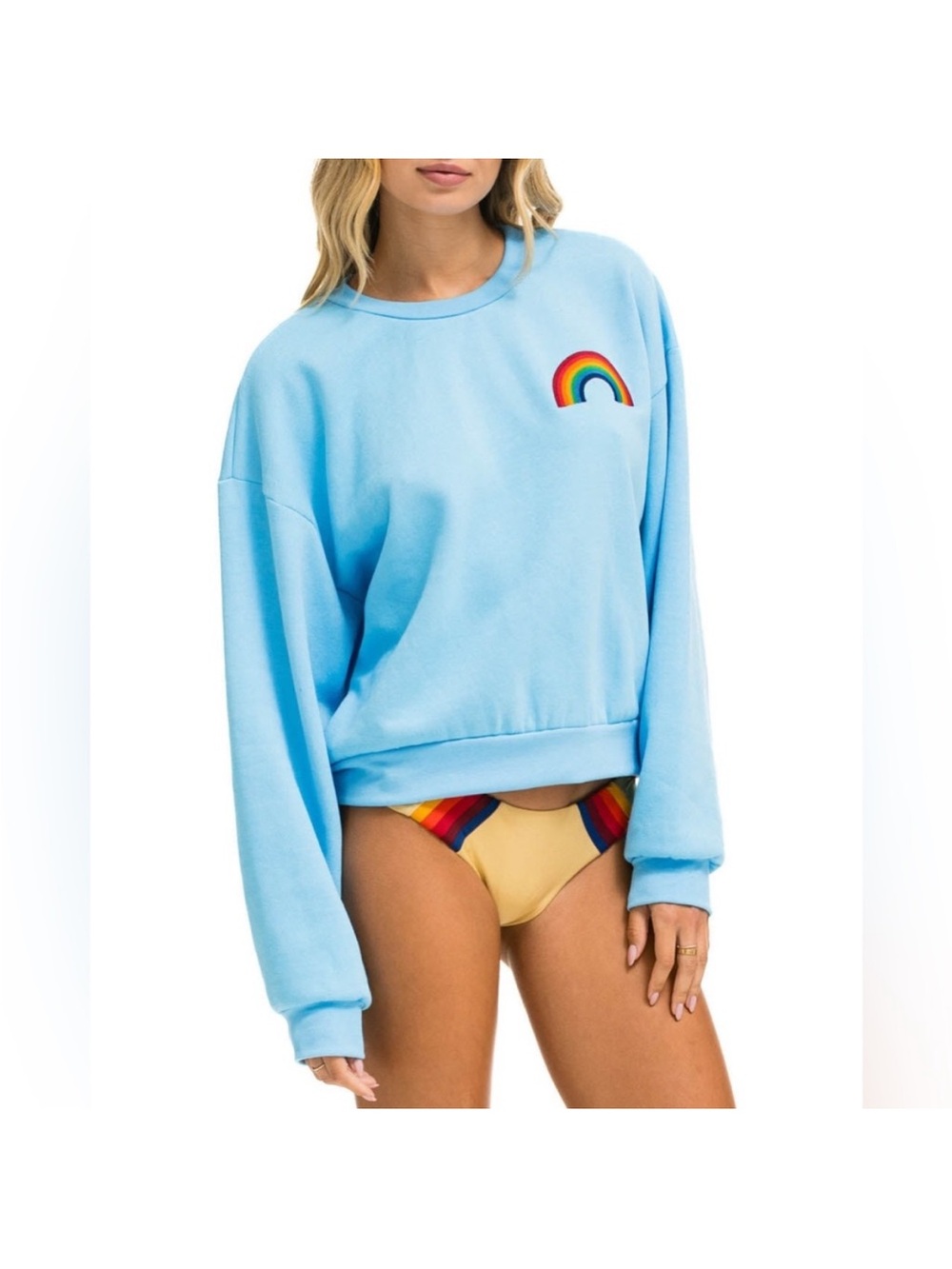 Aviator Nation Light Blue Rainbow Patch Cropped Sweatshirt